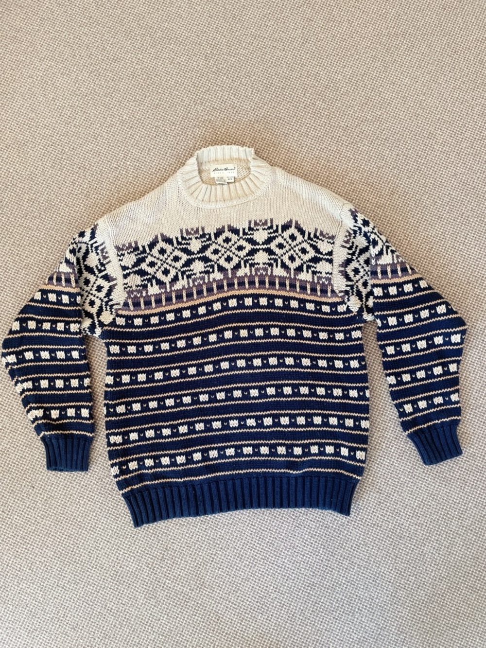 Vintage Eddie Bauer Men’s Fair Isle Nordic Cotton Sweater Navy Cream Size Medium